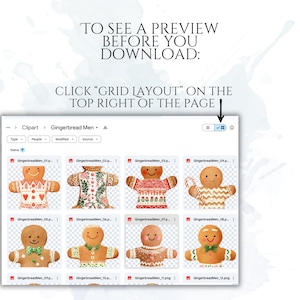 May include: A digital art image showcasing a variety of gingerbread man designs. The image displays a computer screen with multiple gingerbread man illustrations, each with distinct clothing and decorations. Text at the top reads "TO SEE A PREVIEW BEFORE YOU DOWNLOAD: CLICK 'GRID LAYOUT' ON THE TOP RIGHT OF THE PAGE."