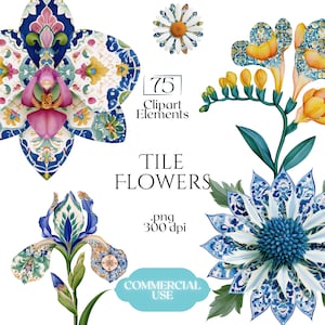 May include: A collection of 75 digital clipart elements featuring various flowers with blue, white, yellow, and pink tile-inspired patterns. The text reads 75 Clipart Elements, TILE FLOWERS, .png 300 dpi, and COMMERCIAL USE on a white background.
