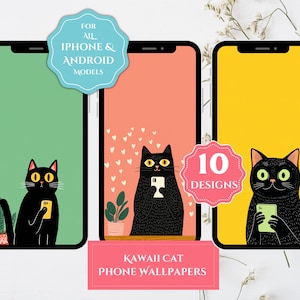 Op de afbeelding: Kawaii kat telefoon achtergronden in 10 ontwerpen. De afbeelding toont drie smartphones met verschillende gekleurde achtergronden: groen, koraal en geel. Elke telefoon toont een zwarte kat met een telefoon. Tekst: "Voor alle iPhone & Android modellen."