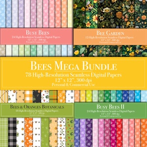 Bees Digital Paper MegaBundle, 78 carte per scrapbooking con motivi senza soluzione di continuità, uso commerciale, download immediato, diario spazzatura, stampabile, natura, insetti