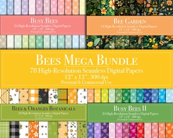 Bees Digital Paper MegaBundle, 78 Seamless Pattern Scrapbook Papers, Commercial Use, Instant Download, Junk Journal, Printable, Nature, Bugs