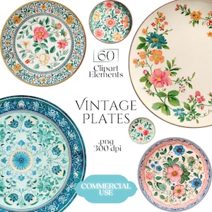Imágenes prediseñadas de platos vintage, gráficos de vajilla antigua, ilustraciones PNG de círculos florales (60 archivos con fondos transparentes)