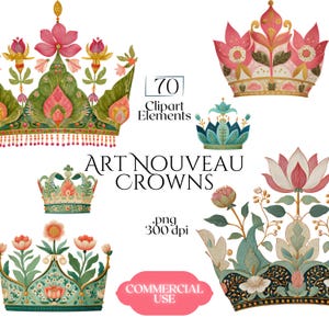 May include: Watercolor illustrations of Art Nouveau crowns in various designs. The crowns feature floral and botanical elements in shades of pink, green, and gold. Text includes "Art Nouveau Crowns", "70 Clipart Elements", and "Commercial Use".