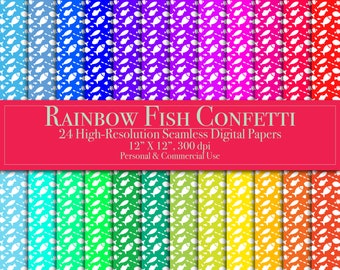Rainbow Fish Silhouettes Digital Paper Bundle, Seamless Pattern, Scrapbook Paper, Commercial Use, Instant Download, Printable fishing, ocean