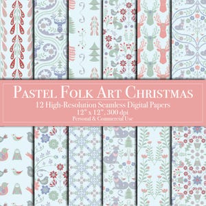 Pastell Folk Art Weihnachten Digitales Papier, nahtlose Digital Scrapbook Planer Kommerzielle Nutzung Junk Journal Hintergrund druckbare Karte, die DIY