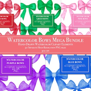 Watercolor Bows Clipart Mega Bundle, Cute Stickers Party Decorations, Gift Labels, Invitations, New Year Christmas Birthday Wedding Holidays