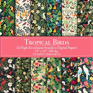 Papéis digitais de pássaros tropicais, planejador de padrões de scrapbook digital sem costura, uso comercial, fundos de diário, cartão imprimível, faça você mesmo