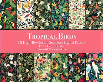 Tropical Birds Digital Papers, Seamless Digital Scrapbook Patterns Planner Commercial Use Junk Journal Backgrounds Printable Card Making DIY