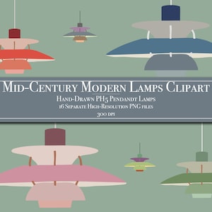 May include: A set of 16 hand-drawn mid-century modern pendant lamps in various colors, including red, blue, green, pink, and gray. The lamps are all in the same style, with three tiers of shades. The image includes the text "MID-CENTURY MODERN LAMPS CLIPART", "HAND-DRAWN PH5 PENDANDT LAMPS", "16 SEPARATE HIGH-RESOLUTION PNG FILES", and "300 DPI".