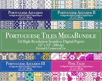 Portuguese Tiles Digital Paper MegaBundle Seamless Pattern Scrapbook Paper Commercial Use Instant Download Junk Journal Printable Azulejos