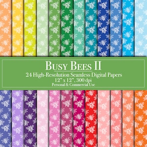 May include: A set of 24 digital papers featuring a repeating pattern of white outline bees on a variety of colorful backgrounds. The papers are 12 inches by 12 inches and 300 dpi. The text "BUSY BEES II" is displayed at the top of the image.