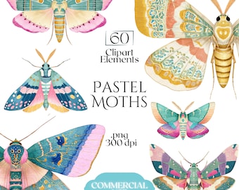 May include: A collection of watercolor illustrations of pastel moths in various colors, including pink, teal, and yellow. The image includes the text "60 Clipart Elements," "Pastel Moths," ".png 300 dpi," and "Commercial Use."