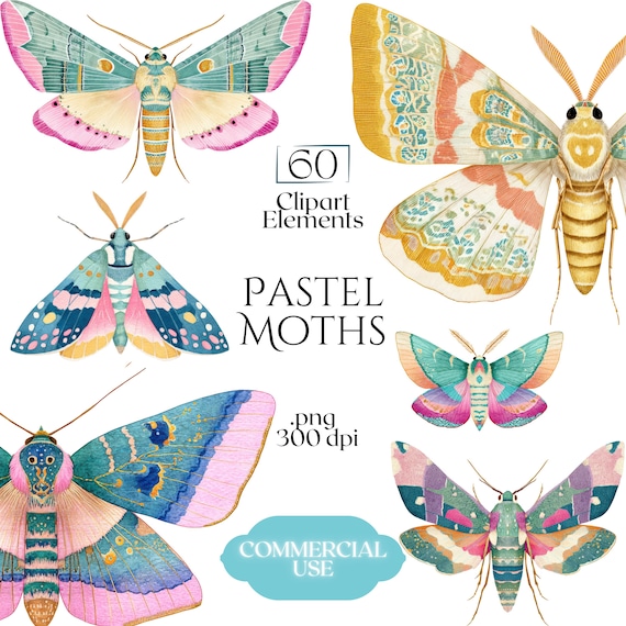 Pastel Moths Clipart, Watercolor Moth Illustrations, Colorful Moth PNG Graphics (60 Files, Transparent Background)