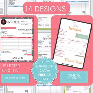 May include: A collection of invoice templates with floral and dog-themed designs. The image showcases 14 different invoice layouts, including a US Letter size (8.5 x 11 inches) option. The templates are fully editable in Canva, and can be printed or sent digitally.