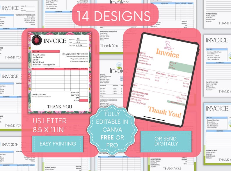 May include: A collection of invoice templates with floral and dog-themed designs. The image showcases 14 different invoice layouts, including a US Letter size (8.5 x 11 inches) option. The templates are fully editable in Canva, and can be printed or sent digitally.