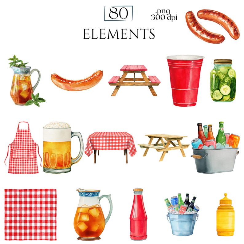 BBQ Clipart, Watercolor Grill & Cookout Graphics, Summer Barbecue ...