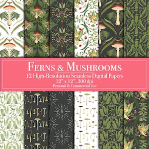 Può includere: Dodici carte digitali con motivi senza cuciture di felci e funghi in vari colori, tra cui verde, marrone, bianco e rosso. Le carte sono 30,48 cm per 30,48 cm e 300 dpi. "FERNS & MUSHROOMS" e "12 High-Resolution Seamless Digital Papers" sono scritti in testo rosa su uno sfondo rosa.