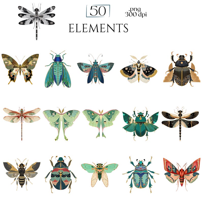 Art Deco Insect Clipart, Vintage Bug Graphics, Modern Cicada Dragonfly Moth Illustrations (50 Files, Transparent Background)