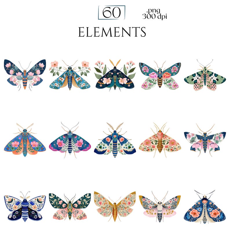 Folk Art Moths Clipart, Floral Moth PNG Illustrations, Decorative Botanical Insect Graphics (60 Files, Transparent Background)
