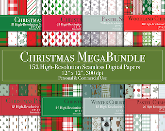 Christmas Mega Bundle Digital Paper, Holiday Seamless Patterns, Winter Scrapbook Paper, Commercial Use, Woodland Instant Download, Printable