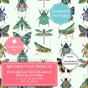 May include: A digital pattern featuring Art Nouveau insects, including butterflies, beetles, and dragonflies, in shades of teal, blue, and orange. The design is a high-resolution seamless pattern, 12" x 12" at 300 DPI, available in JPG and PNG formats.