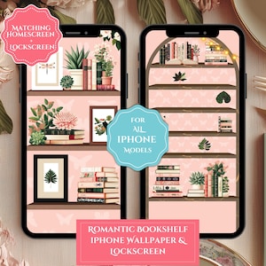 Romantic Bookshelf Wallpaper for iPhone, Large Icons Friendly Bookish Theme, Bookcase Lockscreen & Wallpaper Set, Tropical Book Lover's Gift