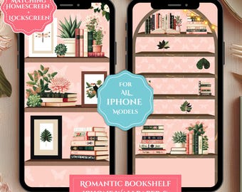 Romantic Bookshelf Wallpaper for iPhone, Large Icons Friendly Bookish Theme, Bookcase Lockscreen & Wallpaper Set, Tropical Book Lover's Gift