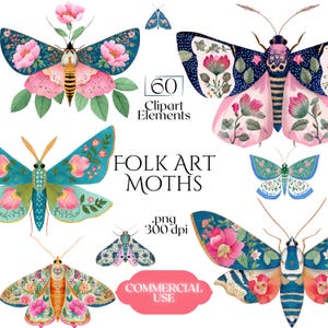 Folk Art Moths Clipart, Floral Moth PNG Illustrations, Decorative Botanical Insect Graphics (60 Files, Transparent Background)