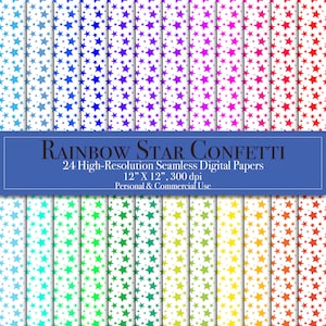 Rainbow Star Confetti Digital Paper Bundle, Seamless Pattern Set, Scrapbook Paper, Commercial Use, Instant Download, Printable, Multicolor