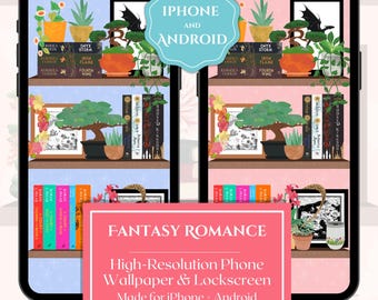Fantasy Romance Bookshelf iPhone Android Wallpapers, Romantasy Novel Digital Download, Homescreen + Lock Screen Background Book Lover's Gift