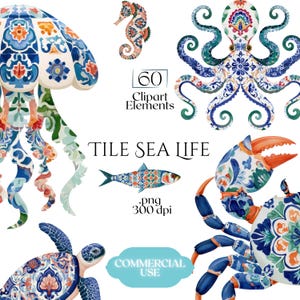 Könnte beinhalten: Eine Sammlung von 60 digitalen Clipart-Elementen mit Meeresbewohnern wie Qualle, Seepferdchen, Krake, Fisch, Schildkröte und Krabbe. Jedes Tier ist mit komplexen blauen, orangen und grünen Fliesenmustern verziert. Der Text lautet TILE SEA LIFE.