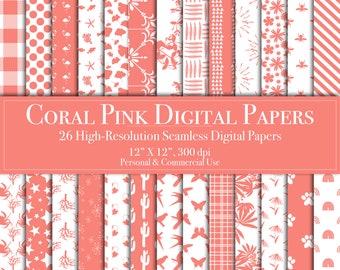 Coral Pink Digital Paper Bundle, Seamless, Scrapbook Paper, Commercial Use, Digital Download, Printable, Junk Journal, Cards, Invitations