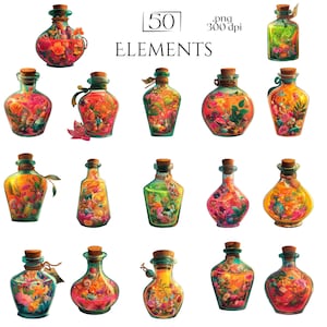 Bright and detailed potion bottles clipart featuring fairy-themed decorations, herbs, and sparkling effects