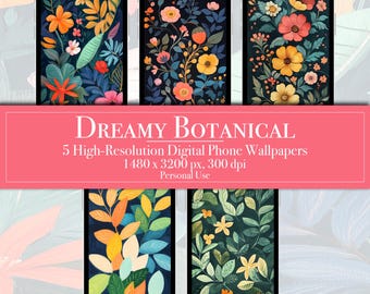 Fondos de pantalla botánicos para iPhone y Android, protector de pantalla floral para descargar digitalmente, fondos de pantalla únicos de naturaleza para teléfono, conjunto de fondos de flores clásicas