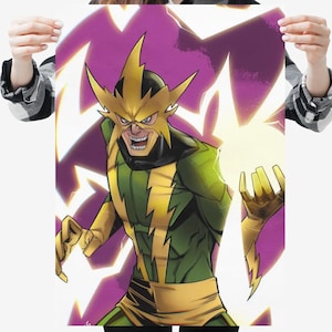 May include: A poster featuring a comic book illustration of Electro, a supervillain. The character is depicted in a green and yellow costume with a lightning bolt design. Purple lightning bolts emanate from behind the character.