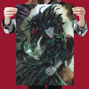 May include: A dark-haired man in a black robe with a black unicorn beside him. The man has glowing green eyes and a sinister smile. The unicorn has red eyes and a horn. The background is a dark, swirling mist.