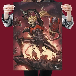 May include: A comic book illustration of a character with a black and red suit, long blonde hair, and a skull-like face. The character is standing on a rocky surface with a dark background. The character is surrounded by tendrils of a dark, alien substance.