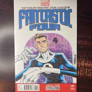 May include: A comic book cover illustration of a superhero in a blue and white suit with a number 4 on his chest. The cover is titled "Fantastic Four" and features the text "Join the Revolution" and "Variant Edition".