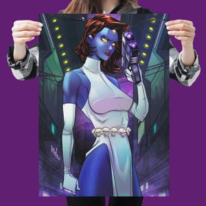 May include: Comic art print of a blue-skinned character with red hair, wearing a white and blue outfit and holding a futuristic gun. The character has yellow eyes and a skull belt. The background shows a futuristic city.