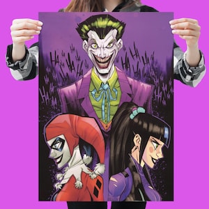 May include: A purple, green, and red comic book illustration of the Joker, Harley Quinn, and a female character with black hair and a purple outfit. The Joker is in the center, with a green and purple suit and a wide, toothy grin. Harley Quinn is on the left, wearing a red and black jester costume. The female character is on the right, with a purple outfit and a black mask. The background is filled with the word "Ha" repeated many times.