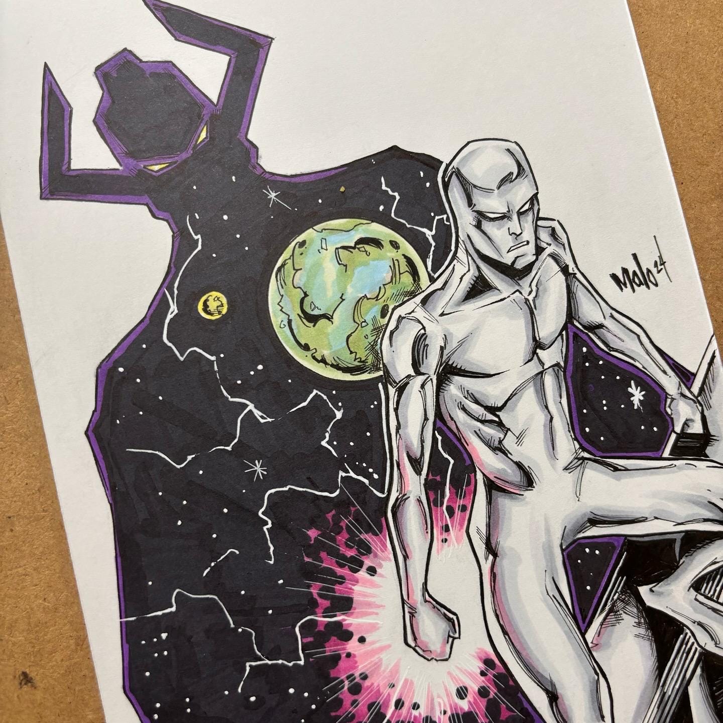 Silver Surfer and Galactus Original Drawing on 6x9 Bristol Board by Malo Art of Malo Comic Art Collectible