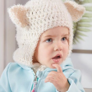 May include: A white crocheted baby hat with fuzzy ears. The hat has a fold-down flap that covers the ears.
