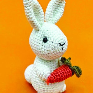 Puede incluir: Conejo de crochet blanco sosteniendo una zanahoria de crochet roja. El conejo tiene ojos negros y una nariz negra.