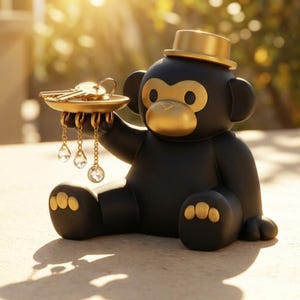 May include: A black monkey figurine with gold accents, wearing a gold top hat. The monkey holds a gold tray with keys and dangling crystal charms. The figurine is sitting down.