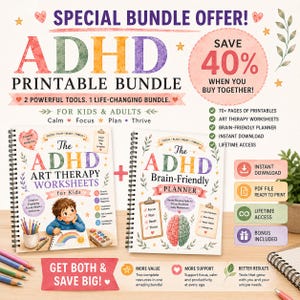 Puede incluir: Un paquete digital imprimible para TDAH que incluye dos libros encuadernados en espiral: The ADHD Art Therapy Worksheets for Kids y The ADHD Brain-Friendly Planner. La imagen incluye texto que detalla una oferta de ahorro del 40%, descarga instantánea y acceso de por vida.