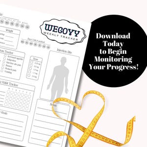 K&ouml;nnte beinhalten: Ein druckbarer Wochenplaner zum Verfolgen von Gewicht, Symptomen, Gewohnheiten und Zielen. Der Planer hat ein schwarz-wei&szlig;es Design mit einer grauen Silhouette einer Person. Der Text "WEGOYY WEEKLY TRACKER" befindet sich in einem wolkigen Kasten. Der Text "Download Today to Begin Monitoring Your Progress!" befindet sich in einem schwarzen Kreis.