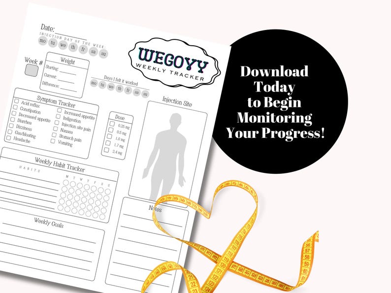 K&ouml;nnte beinhalten: Ein druckbarer Wochenplaner zum Verfolgen von Gewicht, Symptomen, Gewohnheiten und Zielen. Der Planer hat ein schwarz-wei&szlig;es Design mit einer grauen Silhouette einer Person. Der Text "WEGOYY WEEKLY TRACKER" befindet sich in einem wolkigen Kasten. Der Text "Download Today to Begin Monitoring Your Progress!" befindet sich in einem schwarzen Kreis.