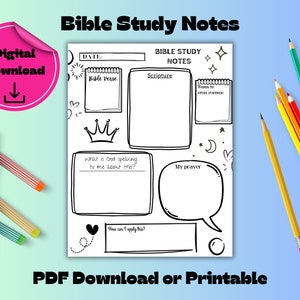 May include: Printable Bible study notes page with a black and white design. The page includes sections for the date, Bible verse, scripture, what God is speaking to you about, how to apply it, and a space for prayer.