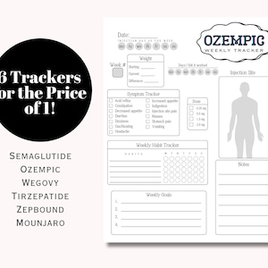 K&ouml;nnte beinhalten: Ein schwarz-wei&szlig;er druckbarer Tracker f&uuml;r Ozempic, Wegovy und andere Medikamente. Der Tracker enth&auml;lt Abschnitte f&uuml;r Gewicht, Symptome, w&ouml;chentliche Gewohnheiten und Ziele. Er enth&auml;lt auch einen Abschnitt f&uuml;r die Injektionsstelle und Notizen.