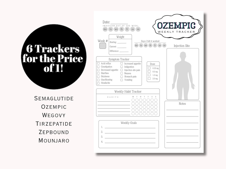 K&ouml;nnte beinhalten: Ein schwarz-wei&szlig;er druckbarer Tracker f&uuml;r Ozempic, Wegovy und andere Medikamente. Der Tracker enth&auml;lt Abschnitte f&uuml;r Gewicht, Symptome, w&ouml;chentliche Gewohnheiten und Ziele. Er enth&auml;lt auch einen Abschnitt f&uuml;r die Injektionsstelle und Notizen.